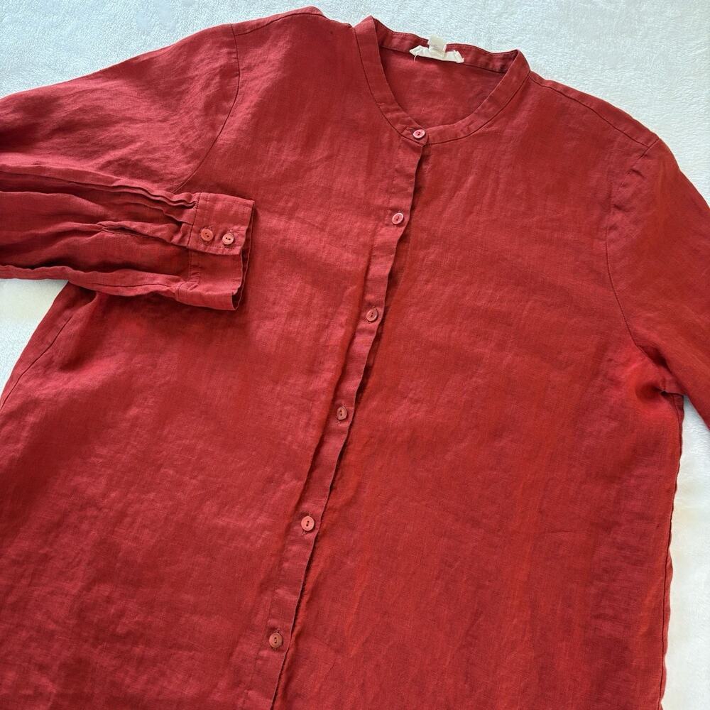Eileen Fisher Petite Medium Red 100% Organic Linen Button Down Long Sleeve Tunic